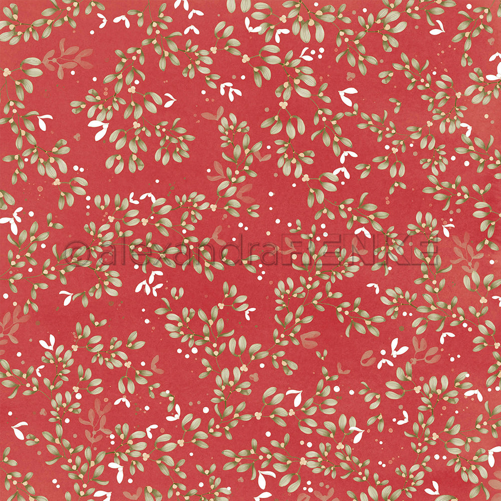 Ein Muster aus Mistelzweigen und weißen Beeren auf rotem Designpapier.