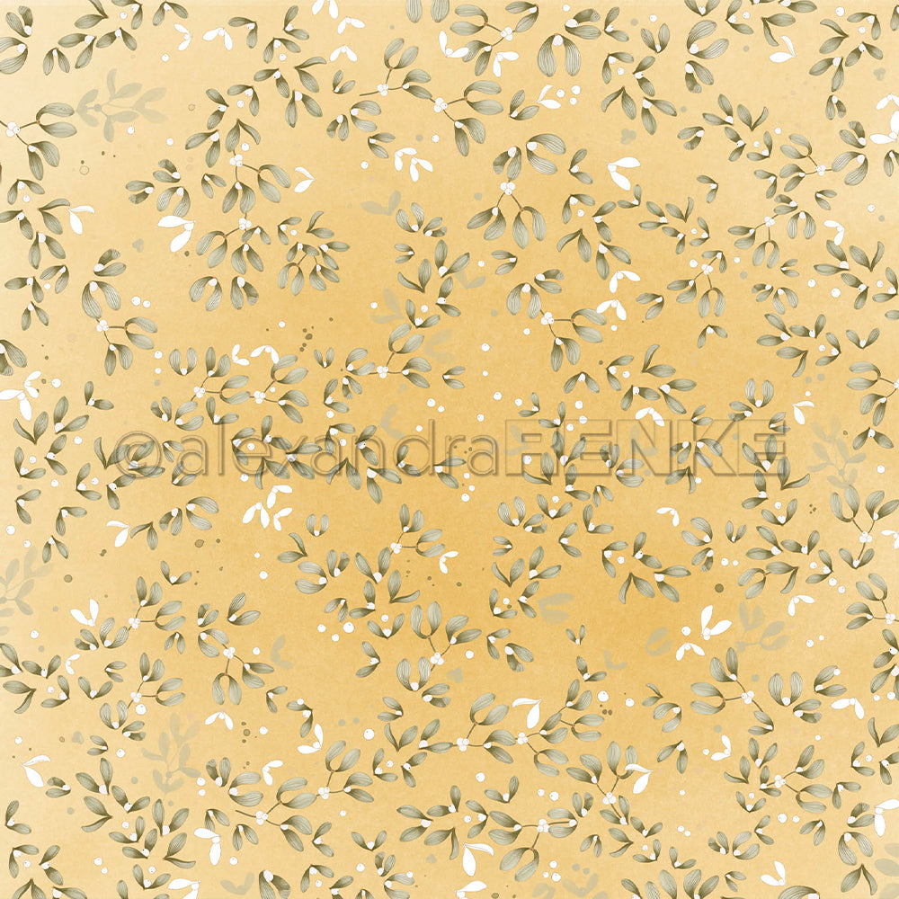 Gemustertes Designpapier mit kleinen grünen Blättern und weißen Beeren auf goldgelbem Hintergrund sowie dem Alexandra-Renke-Logo.