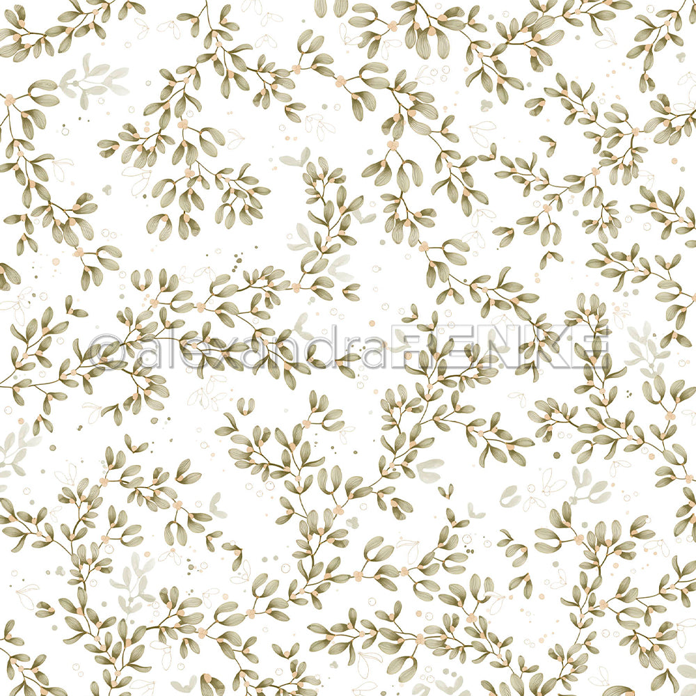 Ein sich wiederholendes Aquarellmuster aus olivfarbenen, belaubten Zweigen und kleinen Beeren auf weißem Hintergrund, ideal für Designpapier und Papierprojekte.