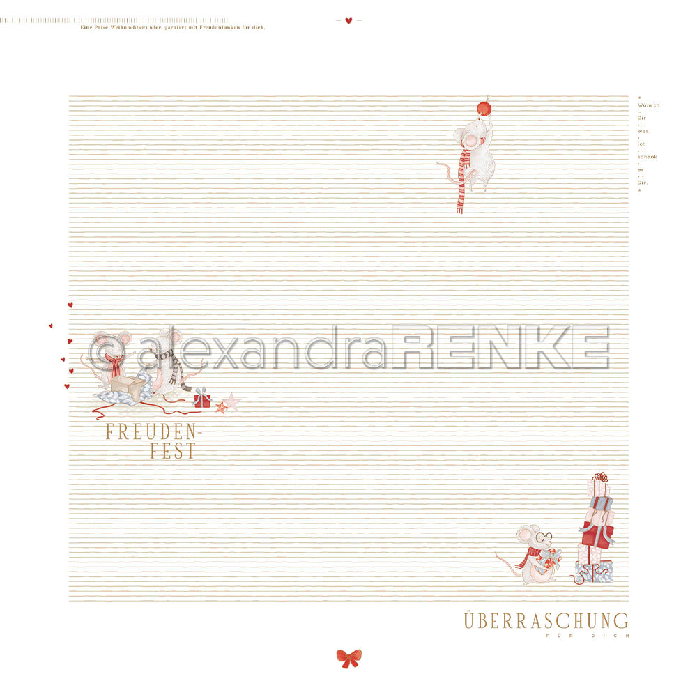 Designpapier von Alexandra Renke mit festlichen Mausillustrationen und deutschen Feiertagstexten für Papierprojekte.