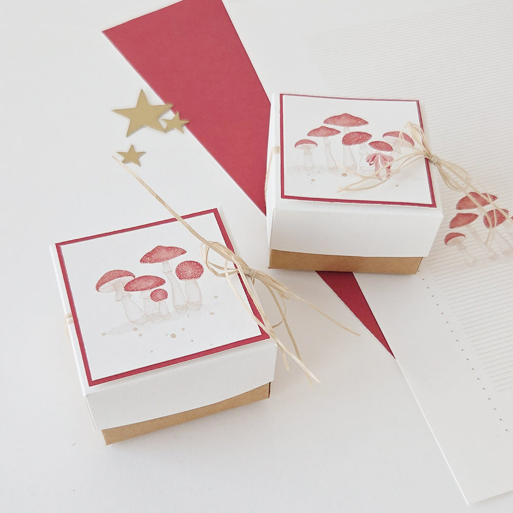 Zwei quadratische Geschenkboxen, verziert mit roten Pilzmotiven und mit einer Schnur verschnürt, hergestellt für „Papierprojekte“ und Grußkarten.