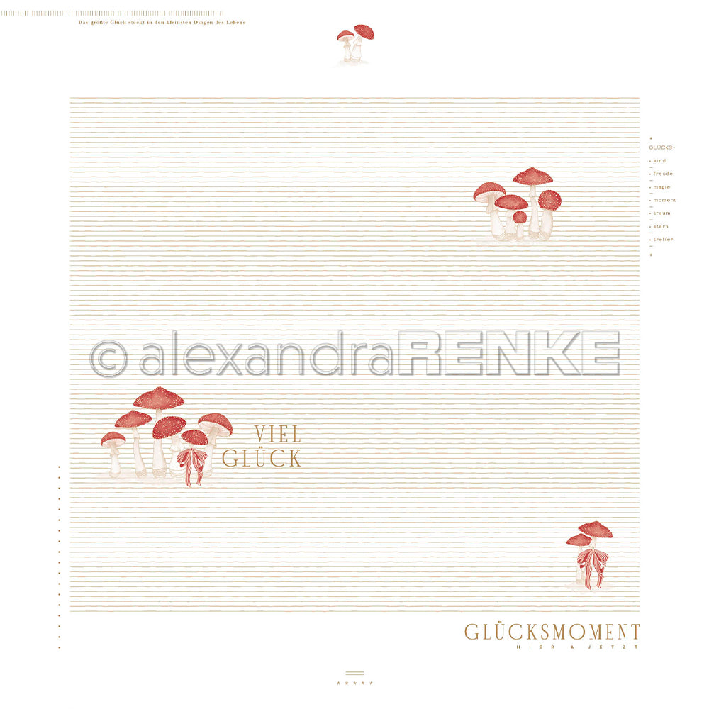 Dekoratives Designpapier mit Pilzmotiven und den deutschen Aufschriften „VIEL GLÜCK“ und „GLÜCKSMOMENT“.