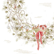 Designpapier mit Weihnachtsmotiven: Rehe, ein Häuschen, Tannenzweige, eine rote Schleife und ein deutscher Weihnachtstext.