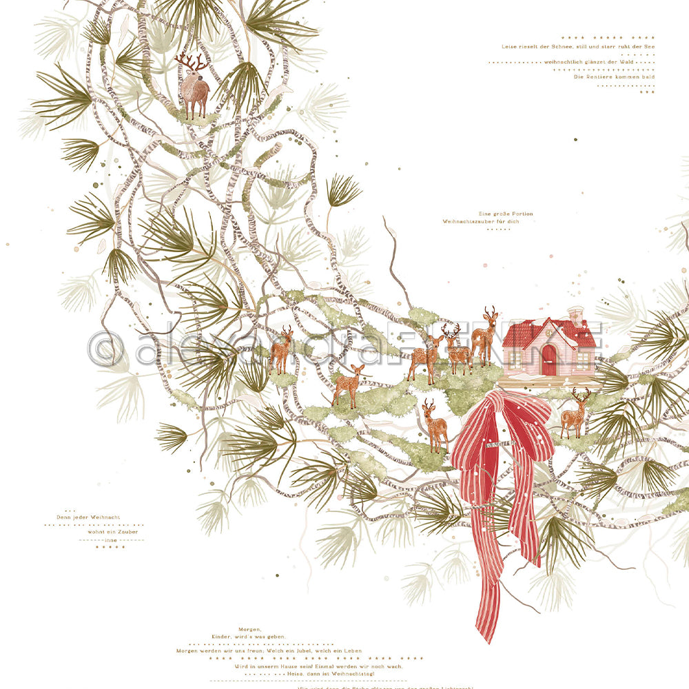 Designpapier mit Weihnachtsmotiven: Rehe, ein Häuschen, Tannenzweige, eine rote Schleife und ein deutscher Weihnachtstext.