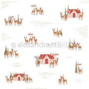 Weihnachtliches Motiv mit Rentieren, Schildern mit der Aufschrift „Nordpol“ und kleinen Häuschen mit deutschem Text – ideal für Grußkarten und Papierprojekte.