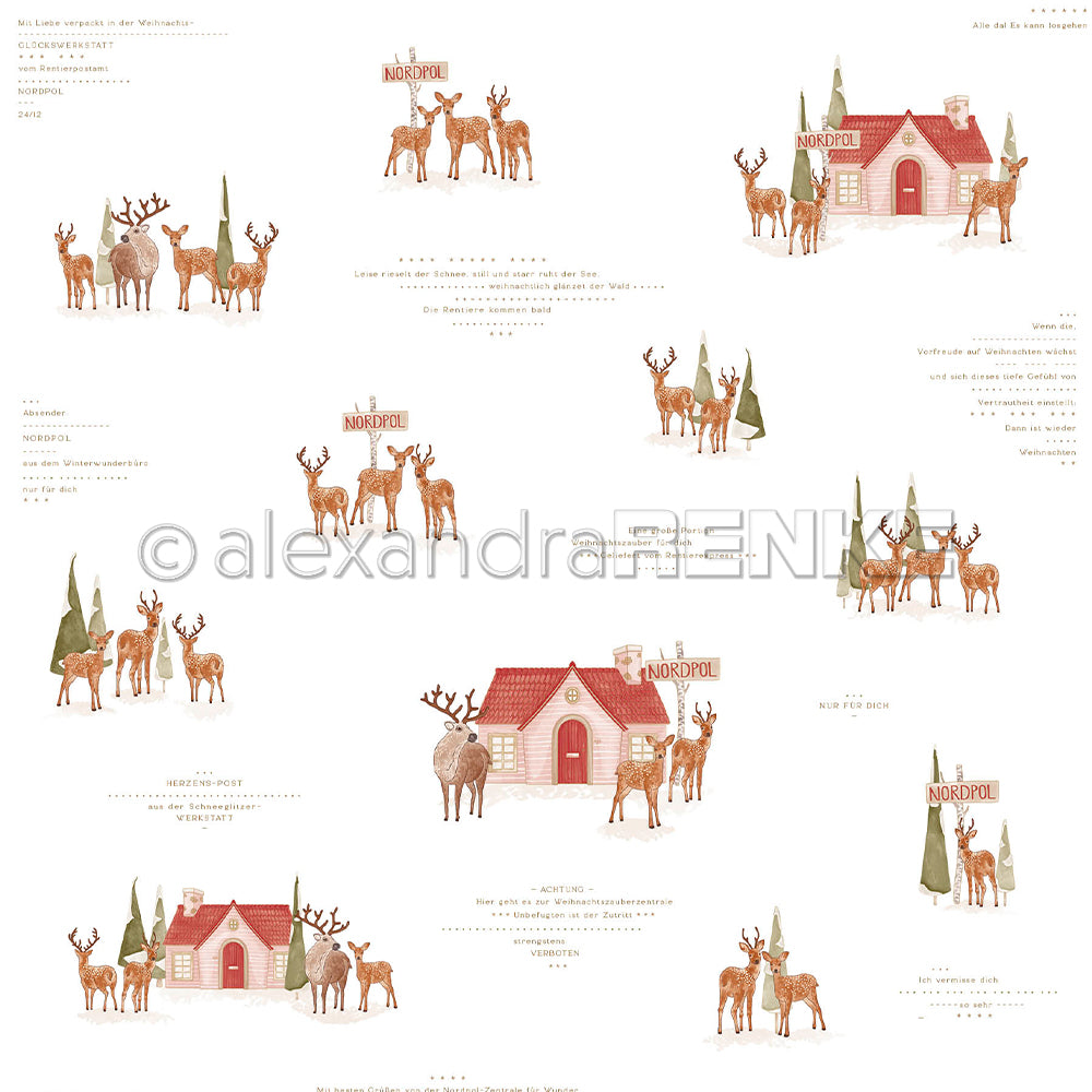 Weihnachtliches Motiv mit Rentieren, Schildern mit der Aufschrift „Nordpol“ und kleinen Häuschen mit deutschem Text – ideal für Grußkarten und Papierprojekte.
