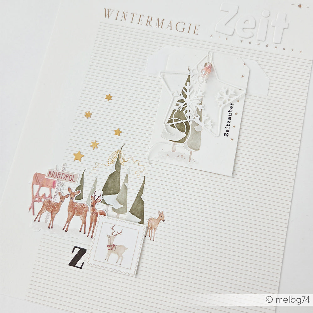 Scrapbook-Seite mit Winterbäumen, Rentieren und dem Schriftzug WINTERMAGIE auf Nordpol-Designpapier.