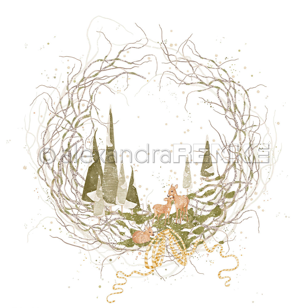 Ein illustrierter Birkenkranz aus kahlen Zweigen, der drei Rehe und stilisierte Bäume umgibt, mit einem goldenen Band am unteren Rand – ideal für Designpapier-Projekte.