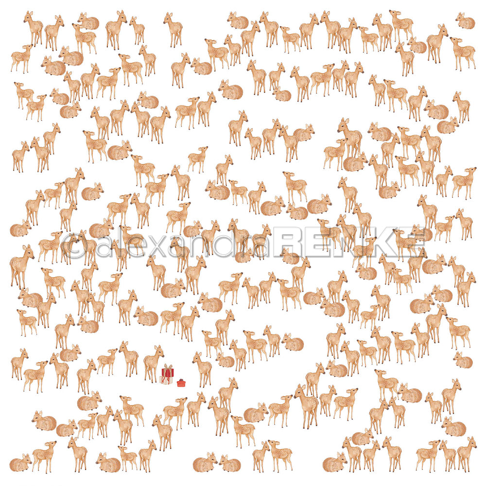 Ein sich wiederholendes „Rehe Raport“-Muster aus vielen kleinen Hirschabbildungen mit einer einzelnen roten Geschenkbox im unteren Bereich.
