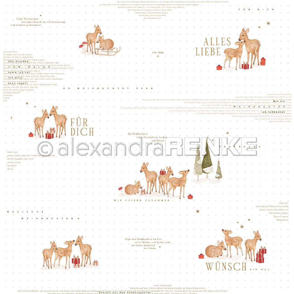 Ein dekoratives Weihnachtsdesignpapier mit Illustrationen von Rehen, kleinen Geschenken und deutschen Weihnachtstexten, ideal für Papierprojekte.