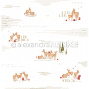 Ein dekoratives Weihnachtsdesignpapier mit Illustrationen von Rehen, kleinen Geschenken und deutschen Weihnachtstexten, ideal für Papierprojekte.