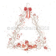Eine weihnachtliche Illustration eines Winterdorfes, eingebettet in einen dekorativen Beerenkranz aus schneebedeckten Zweigen und roten Beeren – perfekt für Papierprojekte.