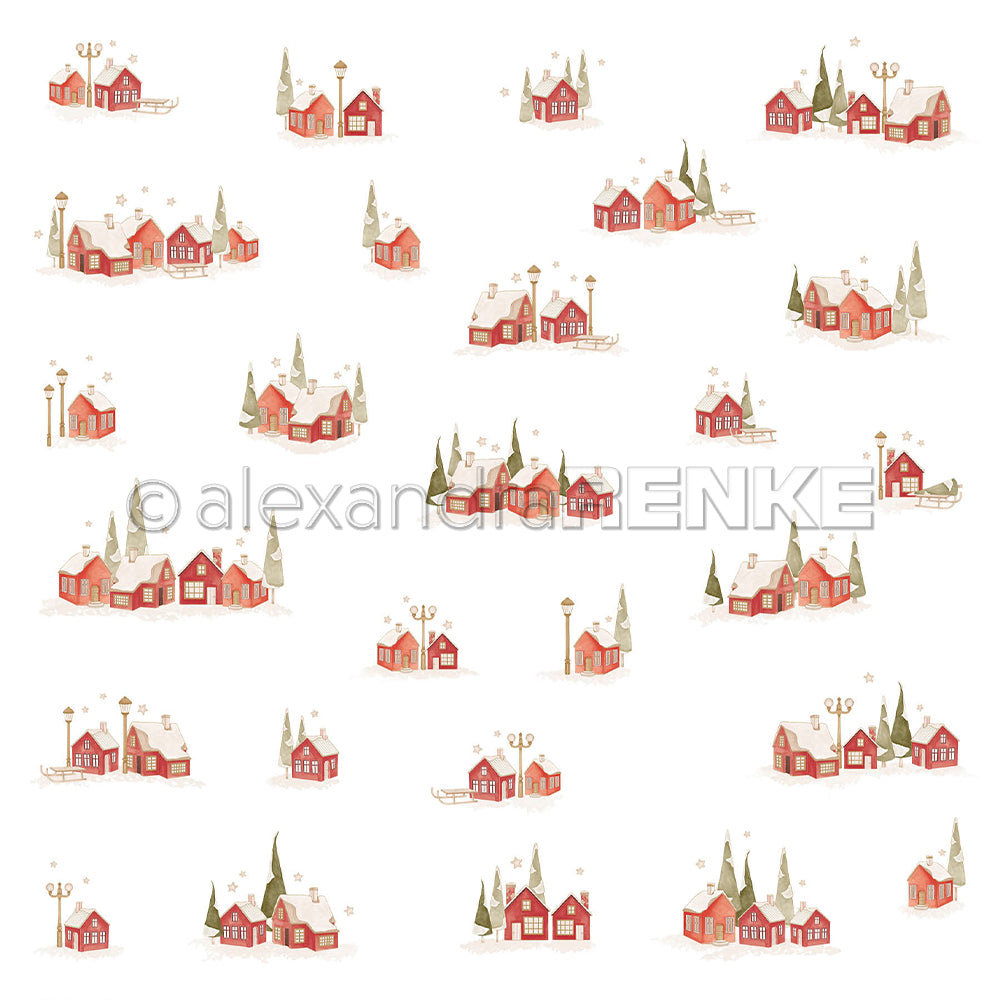 Ein sich wiederholendes Aquarellmuster auf Designpapier von Winterstadt mit kleinen roten Häusern, schneebedeckten Bäumen und Laternenpfählen.