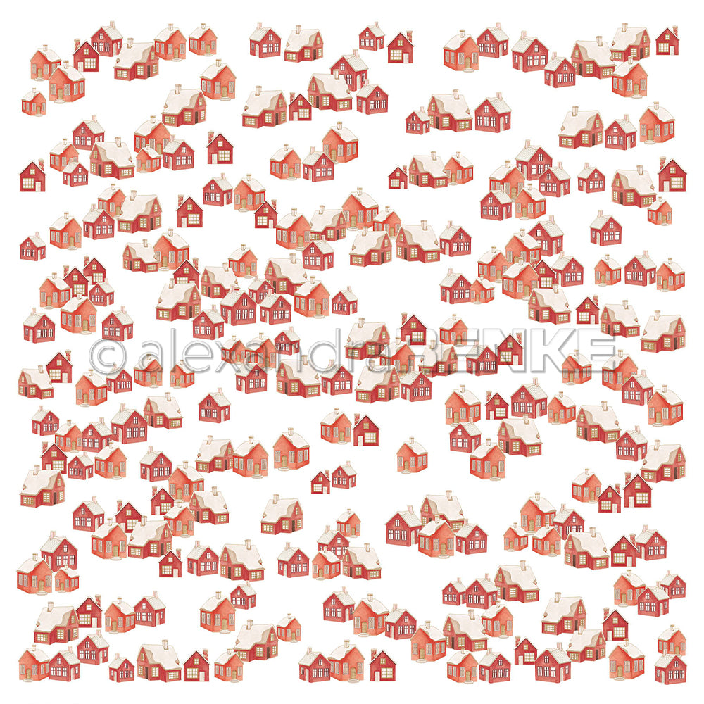 Ein sich wiederholendes Muster aus kleinen Häusern mit roten Dächern und Schnee auf den Dächern vor weißem Hintergrund, entworfen als „Winterstadt“-Papier.