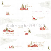 Weihnachtsbastelpapier von Alexandra Renke mit Motiven von kleinen Häuschen, Bäumen und deutschen Weihnachtstexten – ideal für die Buchbinderei oder verschiedene Papierprojekte.