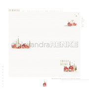 Dekoratives Papier mit kleinen roten Weihnachtshäuschen, Winterbäumen sowie deutschen und englischen Texten – ideal für Papierprojekte im Stil des „Winterstadt Layout Zuhause“.