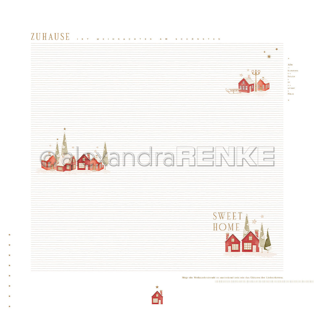 Dekoratives Papier mit kleinen roten Weihnachtshäuschen, Winterbäumen sowie deutschen und englischen Texten – ideal für Papierprojekte im Stil des „Winterstadt Layout Zuhause“.