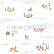 Designpapier von Alexandra Renke mit weihnachtlichen Illustrationen von Eichhörnchen, Tannenbäumen und deutschen Texten – ideal für Buchbinderei und Papierprojekte.