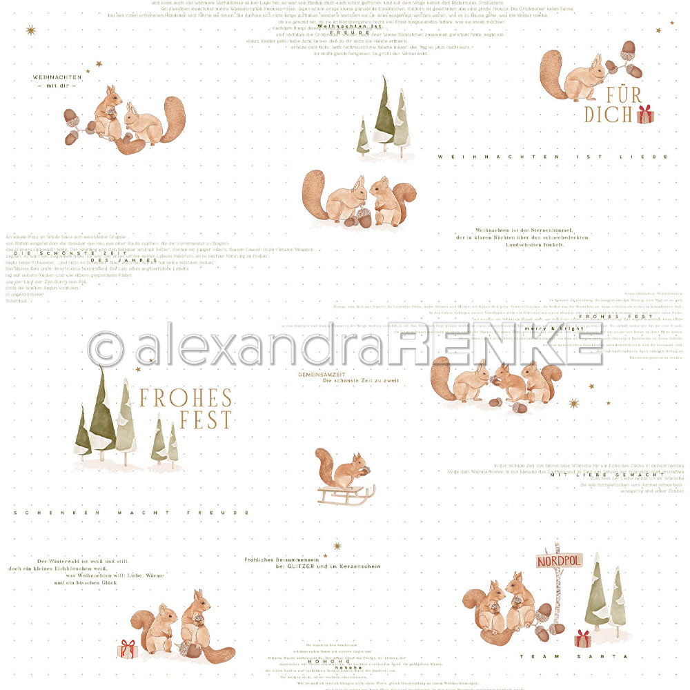 Designpapier von Alexandra Renke mit weihnachtlichen Illustrationen von Eichhörnchen, Tannenbäumen und deutschen Texten – ideal für Buchbinderei und Papierprojekte.