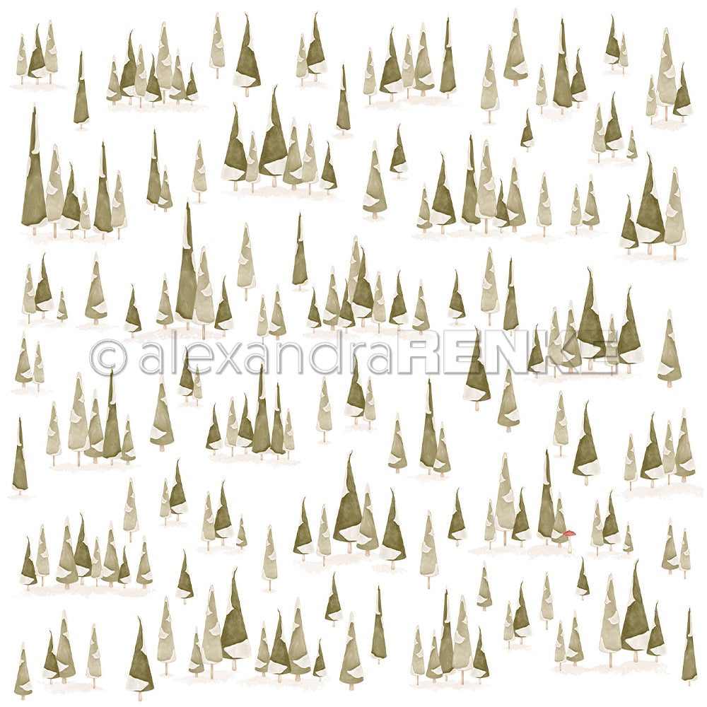 Aquarellmotiv „Tannenwald“ mit grünen Tannen auf weißem Hintergrund, ideal für Designpapier.