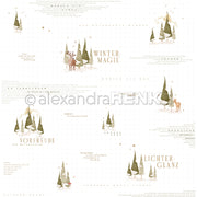 Eine Collage aus Designpapier zum Thema Feiertage von Alexandra Renk mit Winterillustrationen, Tannenwaldszenen und festlichen Texten auf Deutsch.