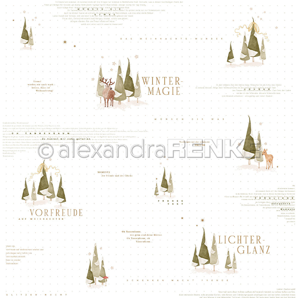 Eine Collage aus Designpapier zum Thema Feiertage von Alexandra Renk mit Winterillustrationen, Tannenwaldszenen und festlichen Texten auf Deutsch.