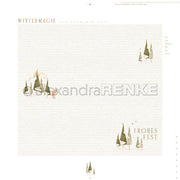 Alexandra Renke: Designpapier „Tannenwald“ mit Wintermotiven, das minimalistische Bäume, ein Reh und einen deutschen Weihnachtstext zeigt.