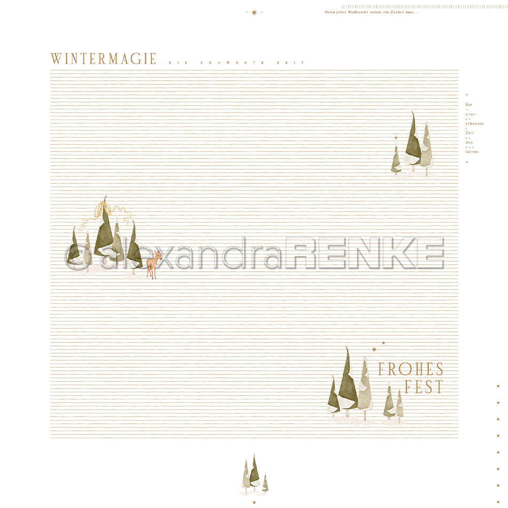Alexandra Renke: Designpapier „Tannenwald“ mit Wintermotiven, das minimalistische Bäume, ein Reh und einen deutschen Weihnachtstext zeigt.