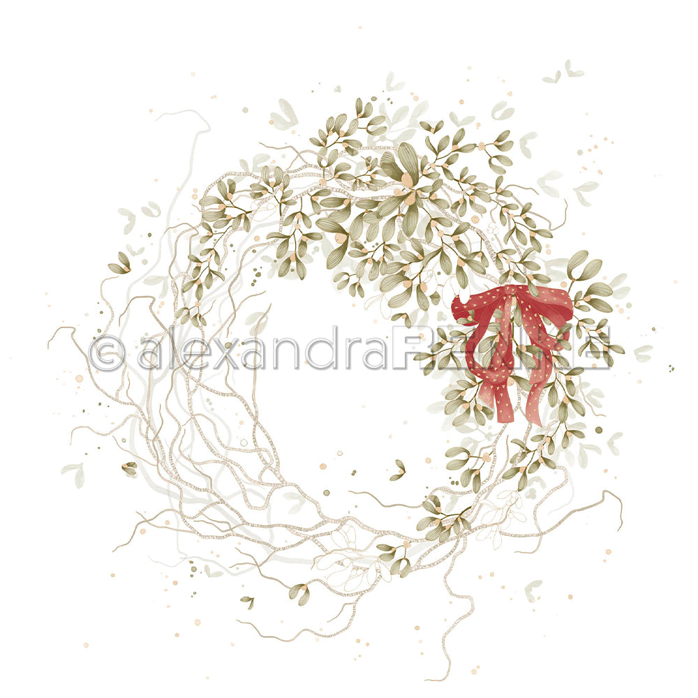 Aquarellillustration eines Mistelzweigs, der mit einem roten Band mit Polka-Punkten verziert ist – ideal für Designpapier und Papierprojekte.