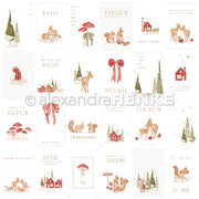 Ein Raster aus Illustrationen zum Thema Weihnachten mit Rehen, Pilzen, Häusern und deutschen Weihnachtstexten – ideal für „Designpapier Wintermagie“ und verschiedene Papierprojekte.