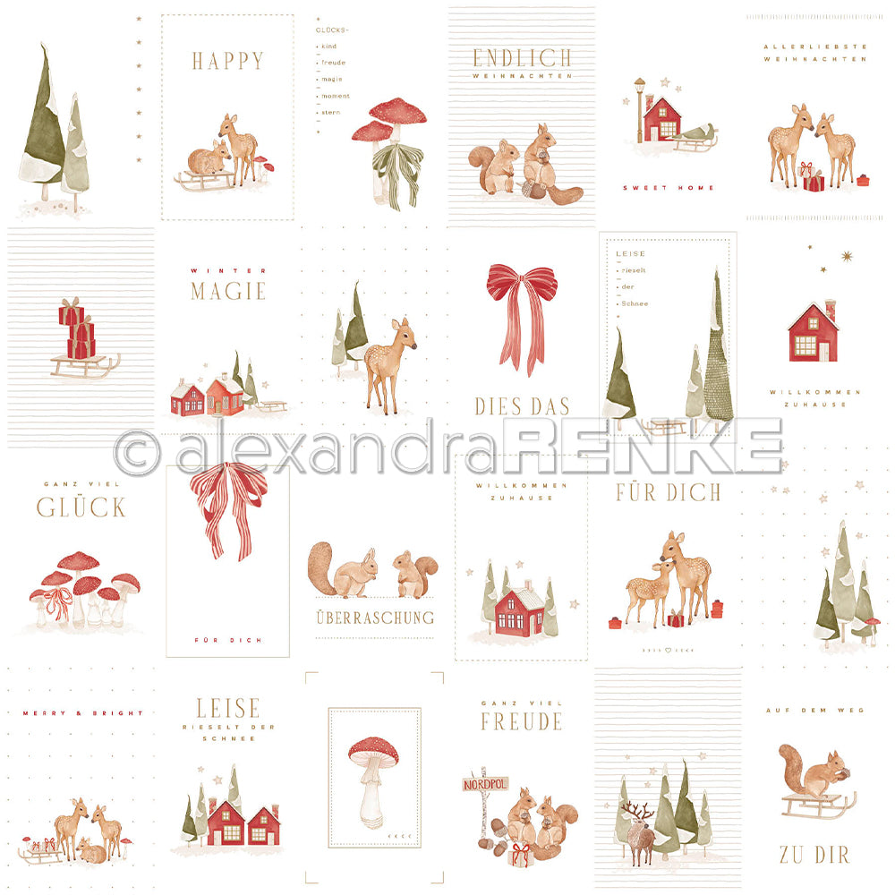 Ein Raster aus Illustrationen zum Thema Weihnachten mit Rehen, Pilzen, Häusern und deutschen Weihnachtstexten – ideal für „Designpapier Wintermagie“ und verschiedene Papierprojekte.