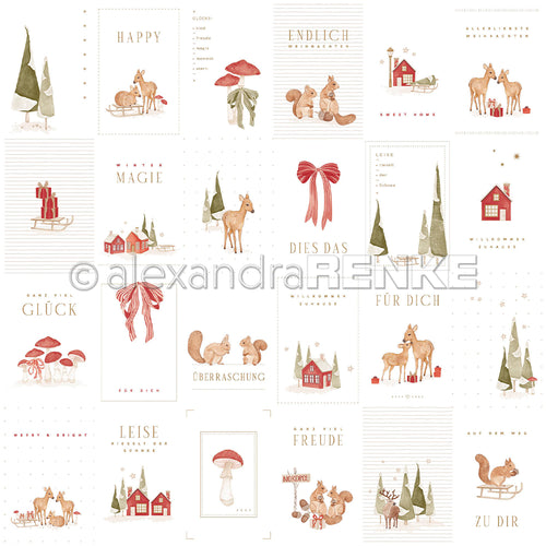 Ein Raster aus Illustrationen zum Thema Weihnachten mit Rehen, Pilzen, Häusern und deutschen Weihnachtstexten – ideal für „Designpapier Wintermagie“ und verschiedene Papierprojekte.