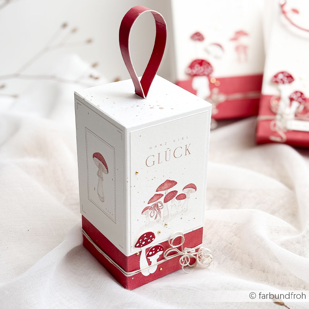 Eine Geschenkbox aus der Papierkollektion „Wintermagie“, verziert mit roten Pilzen und dem deutschen Schriftzug „Ganz viel Glück“.
