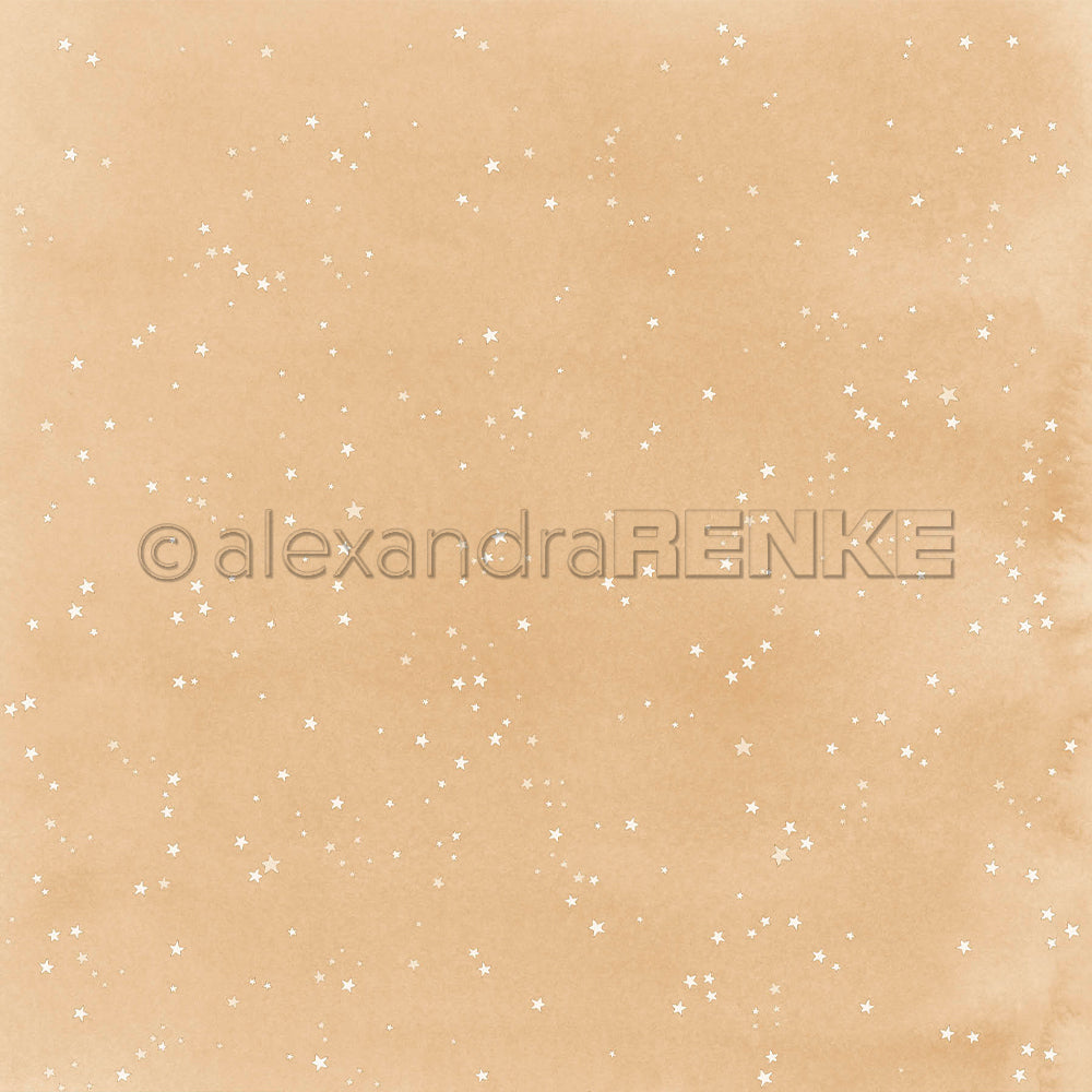 Ein hellbrauner Hintergrund mit kleinen weißen Sternen, über den in der Mitte dieses Designpapiers der Schriftzug „alexandraRENKE“ verläuft.