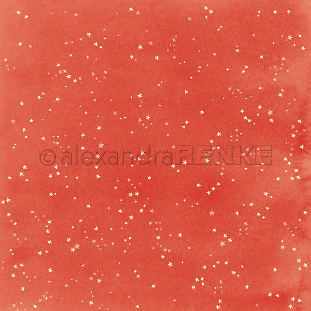 Leuchtend rotes Designpapier mit weißen Sternen und einem AlexandraRENKE-Wasserzeichen.