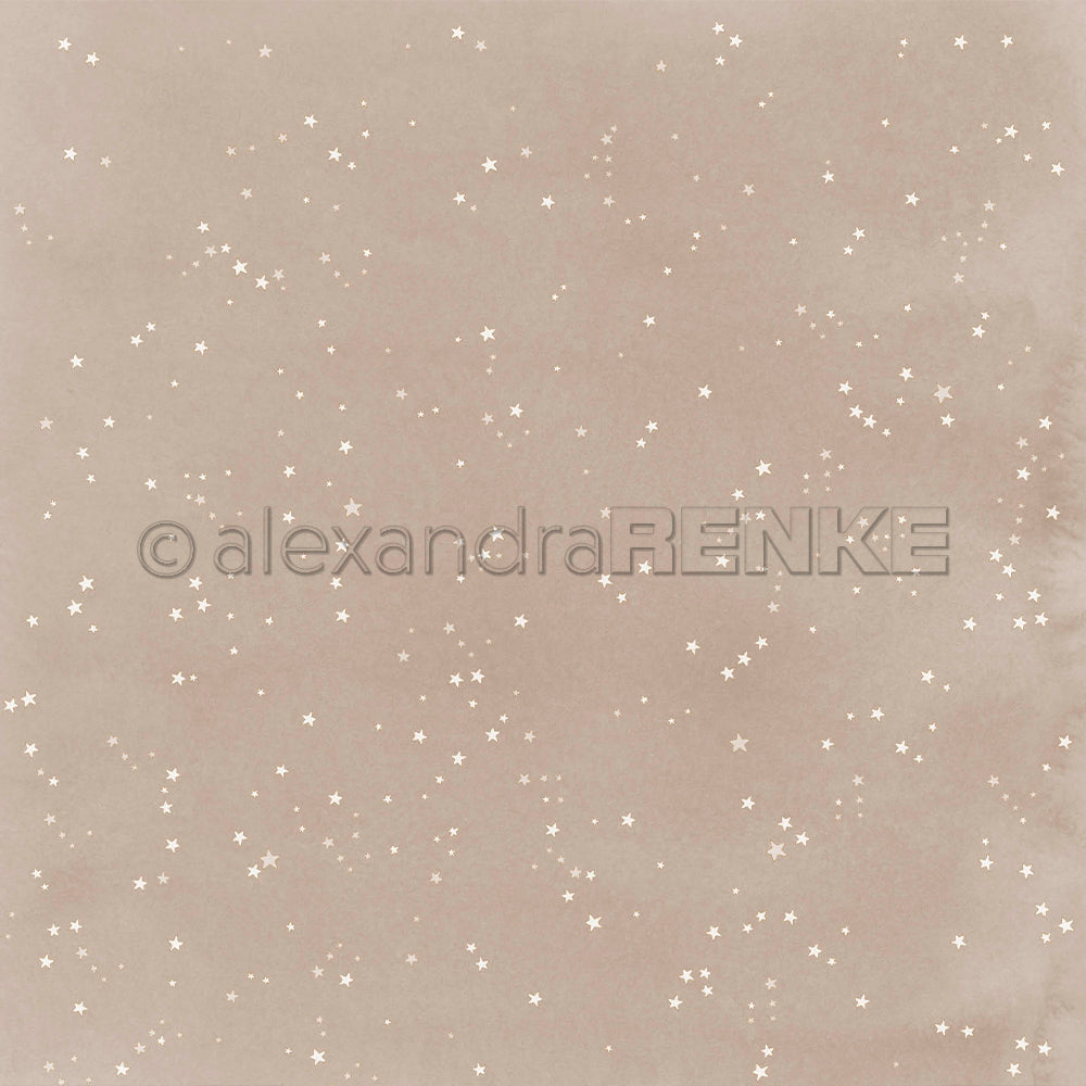 Taupefarbenes Designpapier mit kleinen weißen Sternen, in der Mitte steht der Text „alexandraRENKE“.