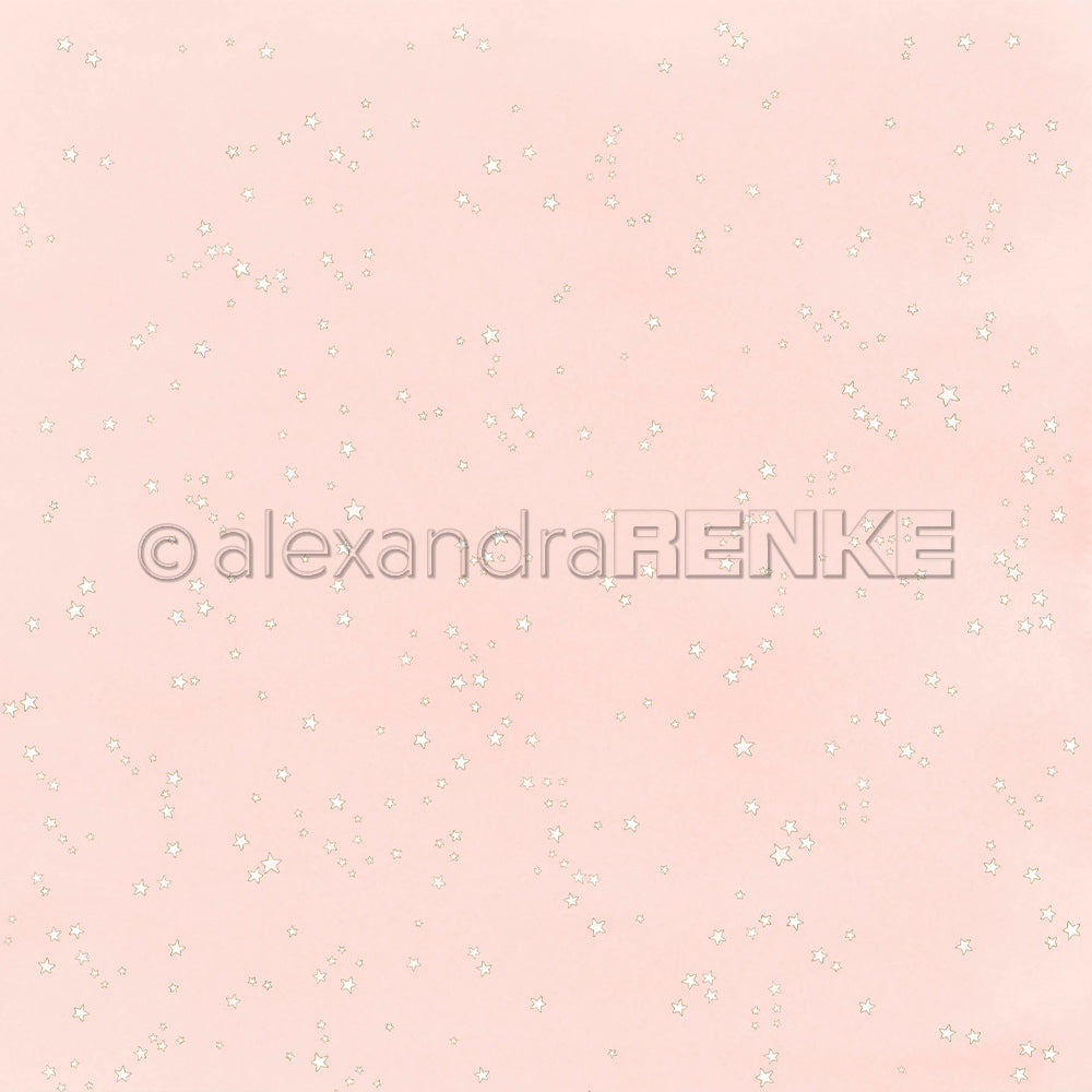 Ein hellrosa Hintergrund mit kleinen weißen Sternen für Papierprojekte, in dessen Mitte das alexandraRENKE-Logo zu sehen ist.