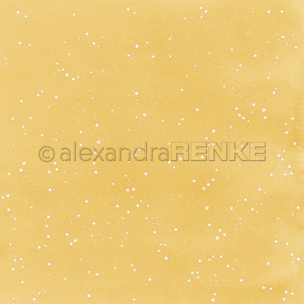Senfgelbes Designpapier mit weißen Sternen und einem alexandraRENKE-Wasserzeichen.