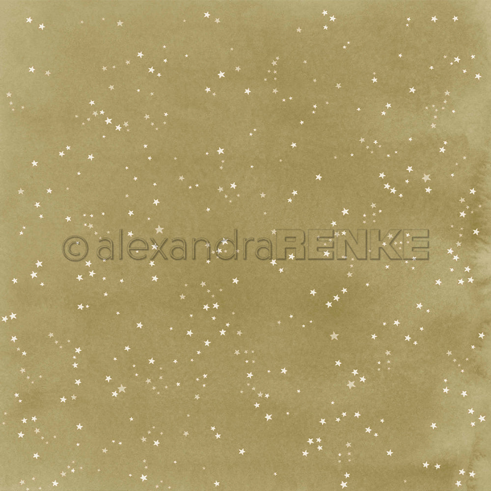 Olivgrünes Designpapier mit einem weißen Sternenhimmel und einem AlexandraRENKE-Wasserzeichen.