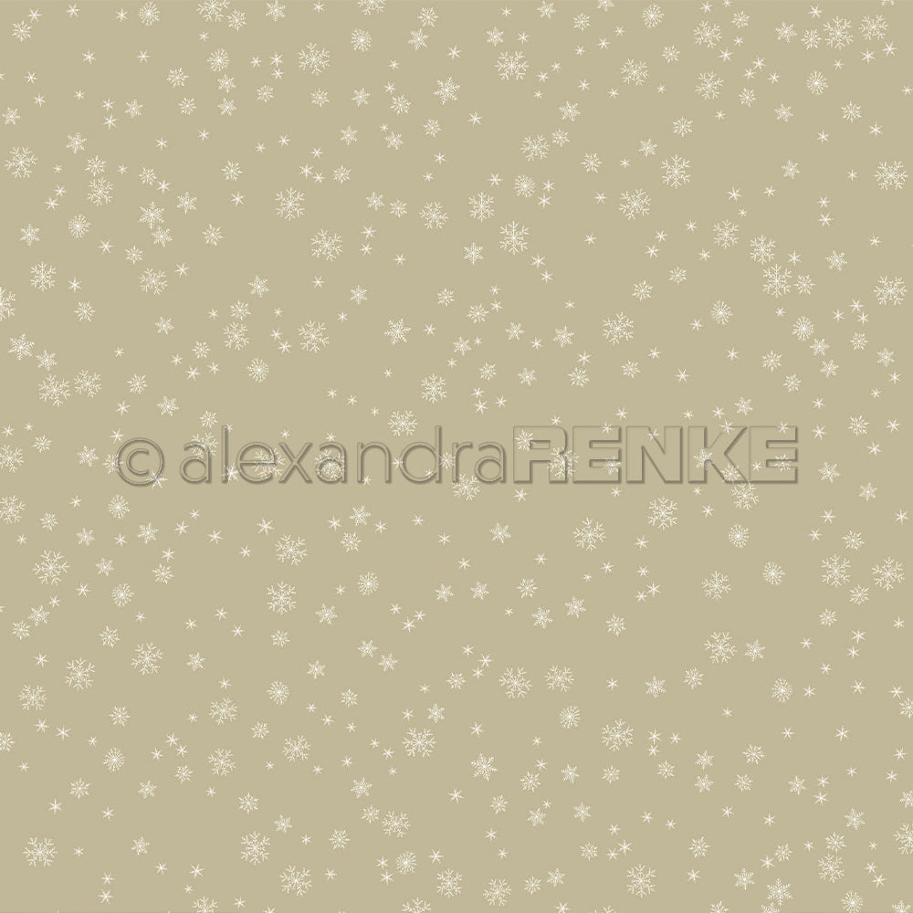 Hellbeiger Hintergrund mit einem sich wiederholenden weißen Schneeflockenmuster, gestaltet mit Designpapier von Alexandra Renke.