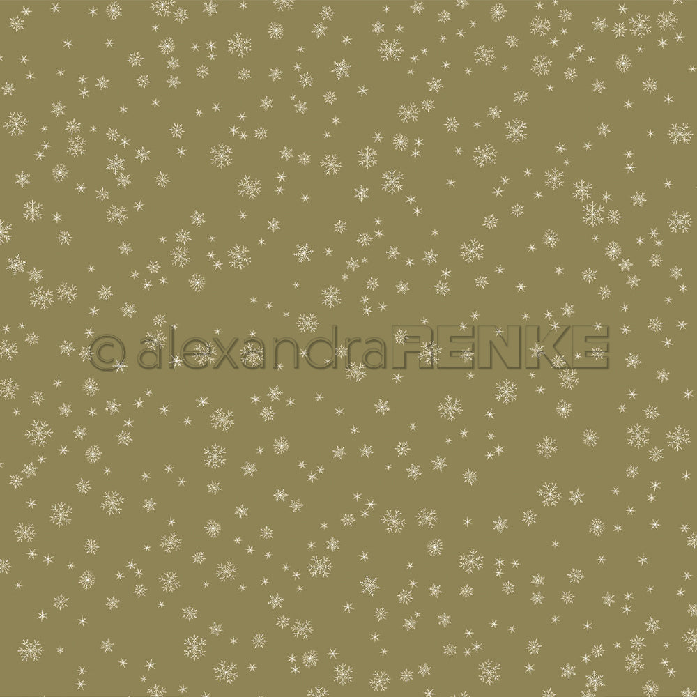 Muster aus weißen Schneeflocken auf einem hellbraunen Designpapier mit Schneeflocken-Motiv, mittig mit dem Text „alexandra RENKE“.