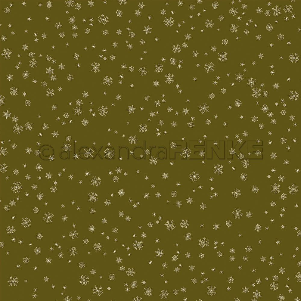 Olivgrünes Designpapier mit einem sich wiederholenden Muster aus weißen Schneeflocken und einem zentralen alexandraRENKE-Wasserzeichen.
