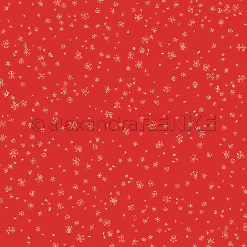 Roter Hintergrund mit einem Muster aus weißen Schneeflocken und einem zentralen Wasserzeichen mit der Aufschrift „alexandraRENKE“ auf diesem Designpapier.