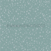 Muster aus kleinen weißen Schneeflocken auf staubblauem Designpapier mit dem Alexandra-Renke-Logo.