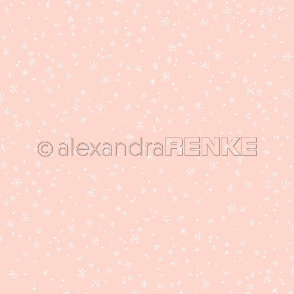 Ein hellrosa Hintergrund mit kleinen weißen Schneeflocken und einem Alexandra-Renke-Wasserzeichen – perfekt für Projekte mit Designpapier.