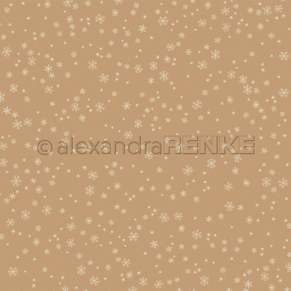 Beiger Hintergrund mit weißen Schneeflocken und dem Alexandra-Renke-Logo – perfekt für Designpapier-Schneeflocken-Papierprojekte.