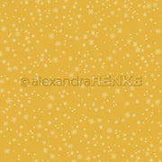 Ein Muster aus weißen Schneeflocken auf einem goldenen Designpapier-Hintergrund, mit dem Wasserzeichen „alexandraRENKE“ in der Mitte.
