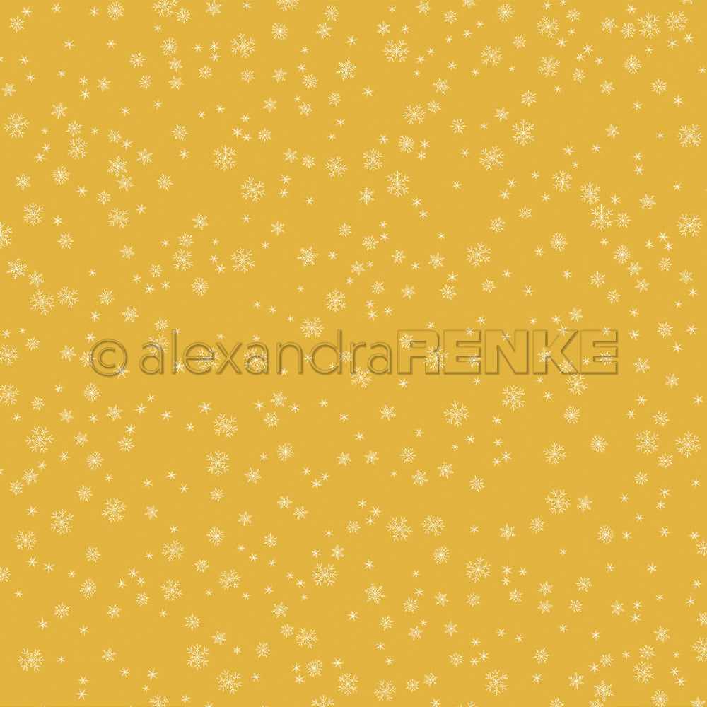 Ein Muster aus weißen Schneeflocken auf einem goldenen Designpapier-Hintergrund, mit dem Wasserzeichen „alexandraRENKE“ in der Mitte.
