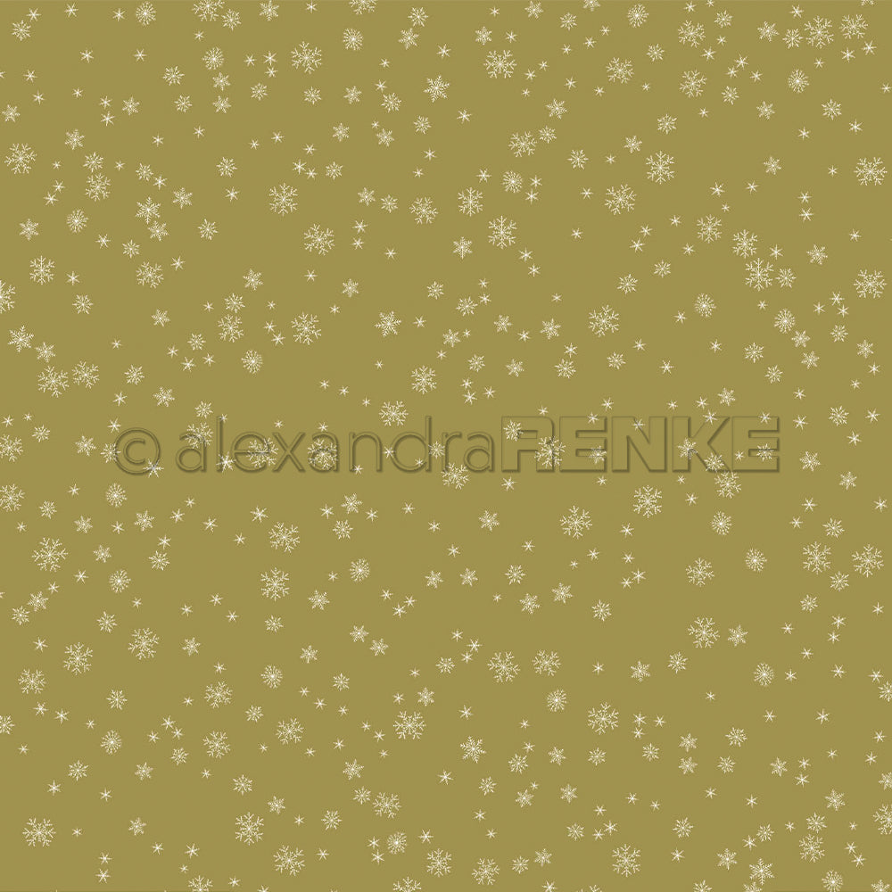 Ein goldener Hintergrund mit einem weißen Schneeflockenmuster und dem Alexandra-Renke-Logo ziert dieses Designpapier.