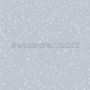 Hellgraues Designpapier mit einem sich wiederholenden weißen Schneeflockenmuster und dem Alexandra-Renke-Logo.